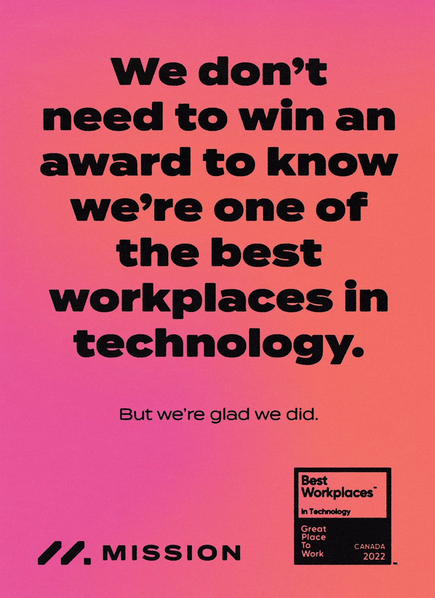 A huge thank you to the entire team at Mission and our talented community for making us one of the Best Workplaces in Tech! And thank you to <a href="/GPTW_Canada/">Great Place to Work Canada</a> for including us!