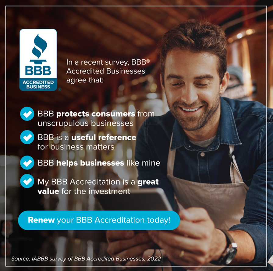 As a BBB Accredited Business, you can see the effects that trust and respect have on your operations every day. Your employees and customers will benefit from the work you put in to make your business stand out above the rest.