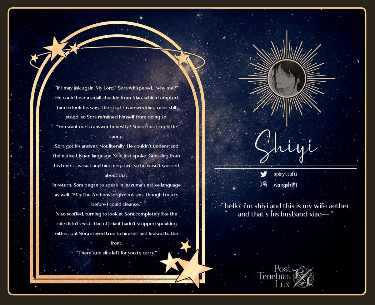 lux_aetherna's tweet photo. Please extend the warmest welcome to @spicyttofu, who will join Post Tenebras Lux to write for his wife, Aether, and his wife's husband, Xiao. May their marriage be blessed by the Aethernal sun in perpetuity. Amen. || Ao3: https://t.co/uocHc0Yq9P https://t.co/6wi8yovs59