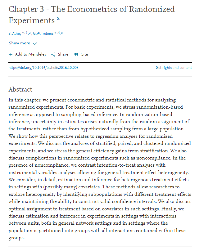 #MethodsMonday Randomized experiments have long been a traditional setting in agriculture but have a shorter history in economics. Today we would like to highlight the chapter- The Econometrics of Randomized Experiments by <a href="/Susan_Athey/">Susan Athey</a> and Guido W. Imbens.