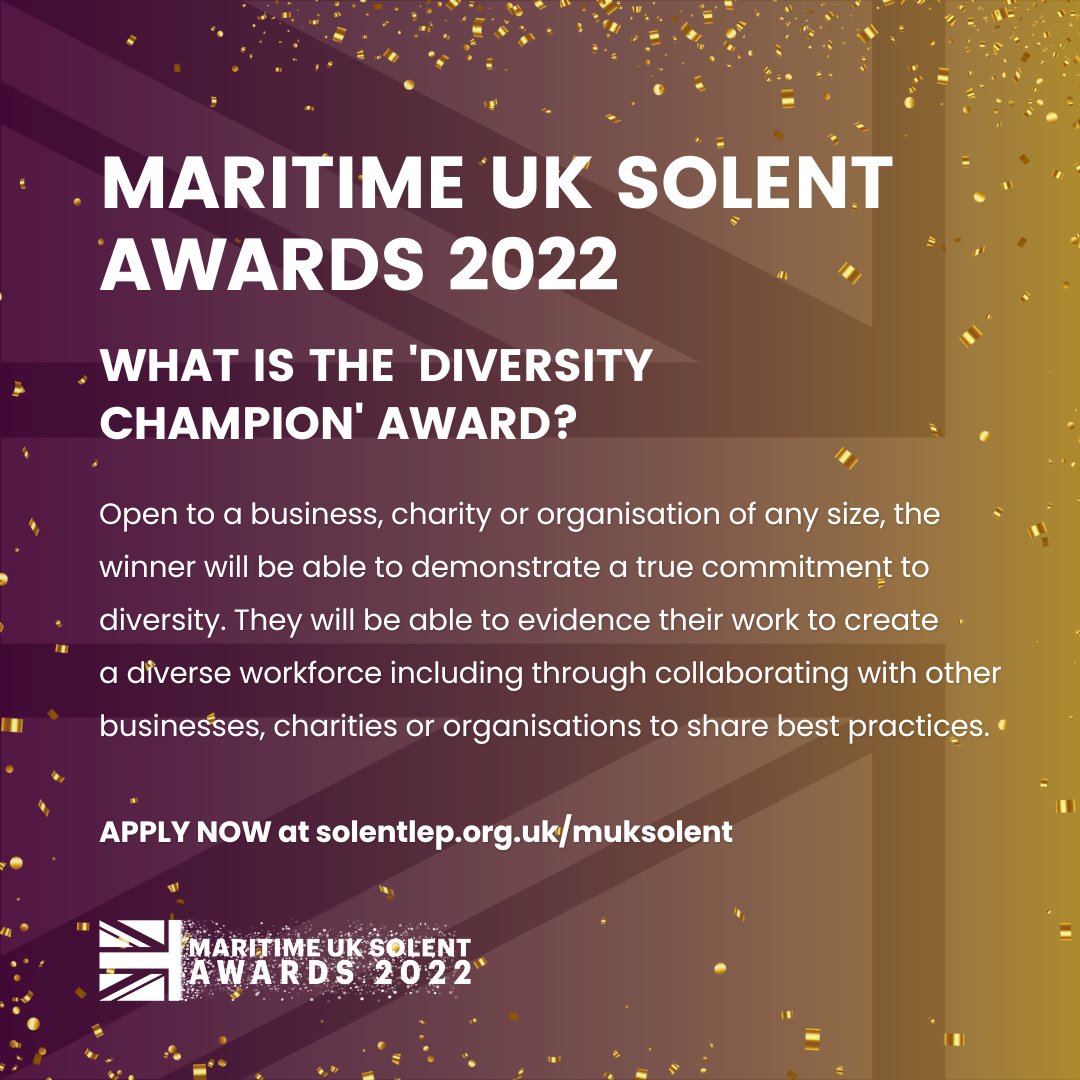 Does your organisation truly strive for diversity in our incredible maritime sector?

APPLY NOW for the ‘Diversity Champion’ award at the Maritime UK Solent Awards! Simply visit solentlep.org.uk/muksolent

#MUKSolentAwards2022 #maritime #ukmaritime #SolentMarine #SolentMaritime