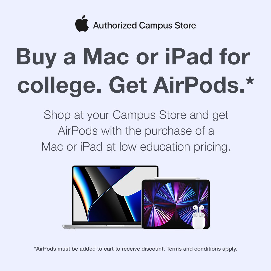 Get ready for school and buy an eligible Mac or iPad and get Free Airpods (2nd generation)! 🎉🙌
*Available Online &amp; In-Store 
Promo ends Sept. 26

*If purchasing online don't forget to add the Airpods to your cart to receive the discount