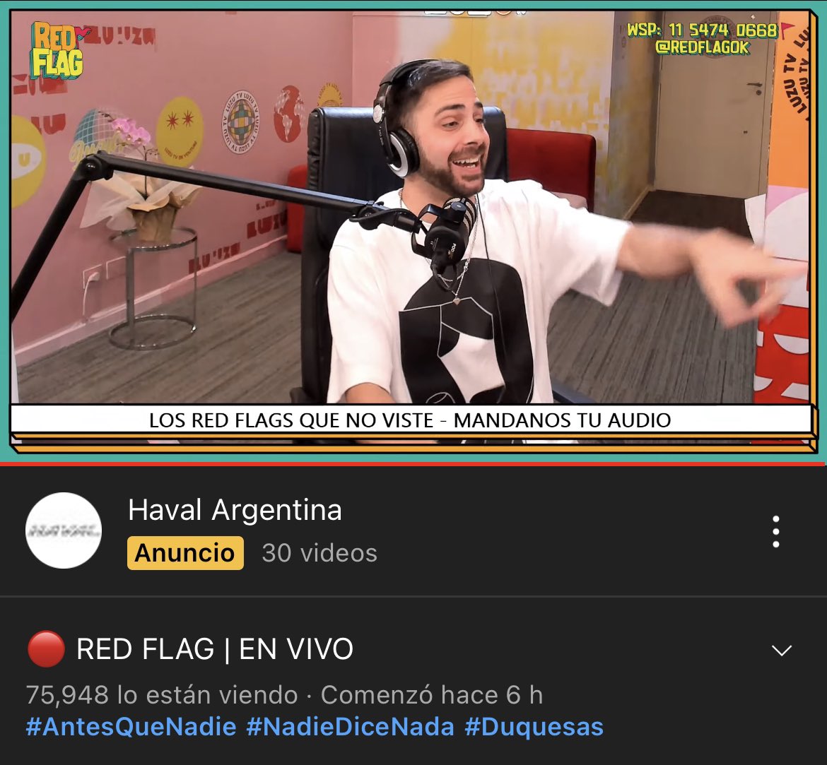 SiEspectaculos's tweet photo. LANZAMIENTO >> AHORA: Debuta #RedFlag en Luzu TV con picos de 76 mil espectadores en directo. Conduce @gregorossello . Podes ver el programa ingresando en este link: https://t.co/rahMD0D1xj https://t.co/S2YcZB47DK