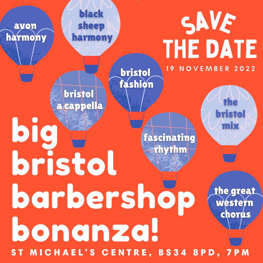 BrizACappella's tweet photo. *Chorus gig, get your chorus gig fix here...*
Not one, not two, but SEVEN Bristol choruses will be performing for your delight on 19th November. It'll be our first big gig in nearly three years, so save that date, and we'll see you there! #barbershop #bigbristolbarbershopbananza https://t.co/Dn5ErDM1OU