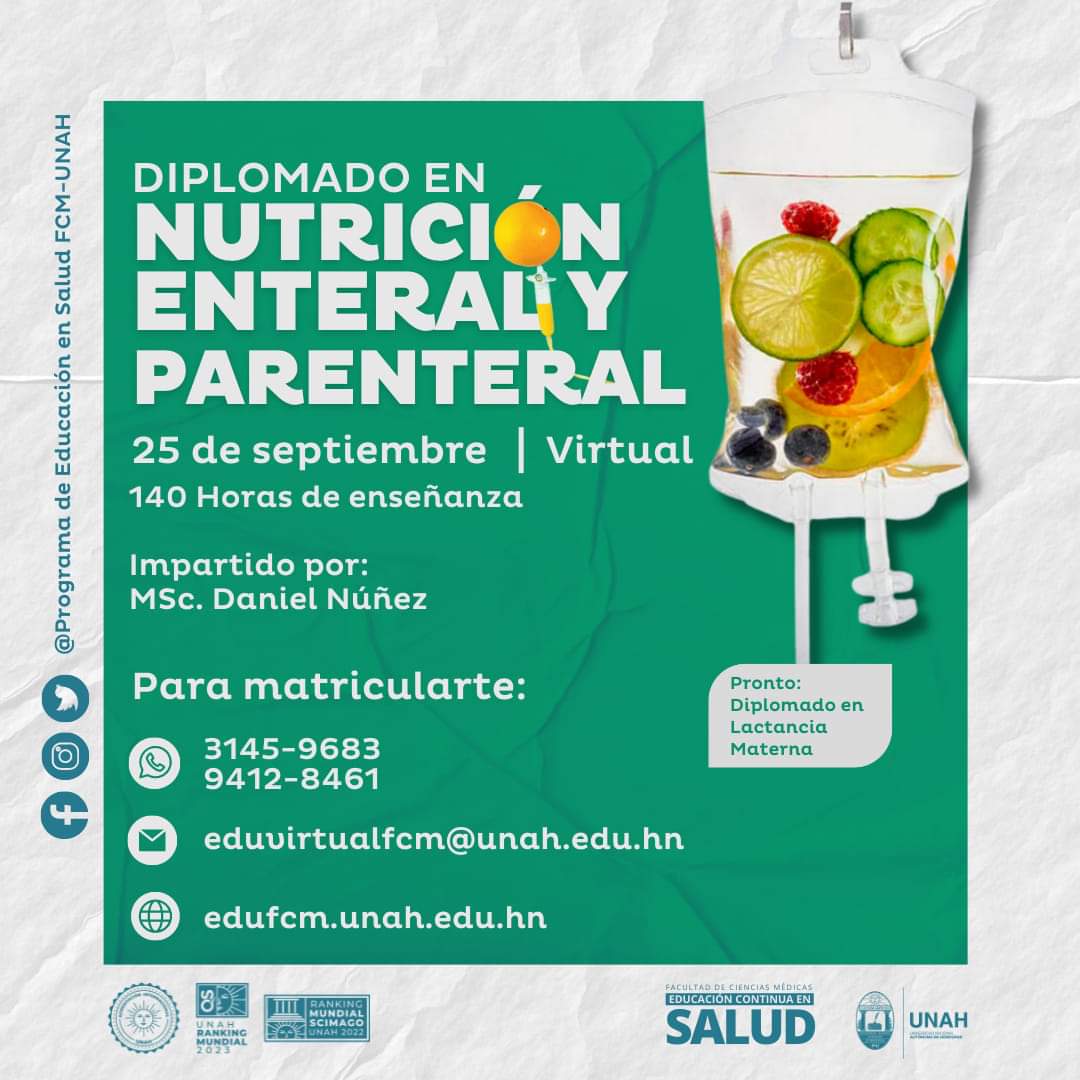 FCMUNAH's tweet photo. Ya puedes inscribirte en nuestro Diplomado de Nutrición Enteral y Parenteral, cupos disponibles, te esperamos. https://t.co/H1GkerKgGJ