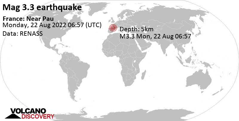 catrisky's tweet photo. Quake info: Light mag. 3.3 earthquake - 32 km northwest of Pau, Pyrénées-Atlantiques, Nouvelle-Aquitaine, France, on Monday, Aug 22, 2022 at 8:57 am (GMT +2) - 29 user experience reports - VolcanoDiscovery https://t.co/WQMcVupQ7T https://t.co/YGZhr9HjP5