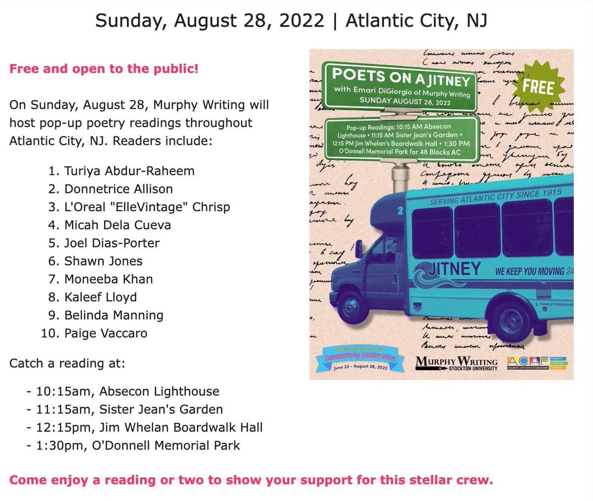acpublicarts's tweet photo. Our final #48BlocksAC event is THIS SUNDAY! We will be highlighting the artists and projects that participants can expect throughout the week as we get closer to the event! First up, the return of Poets on a Jitney by Emari DiGiorgio with @MurphyWriting
#acaf #njarts #doac https://t.co/4zBZjYyIxN