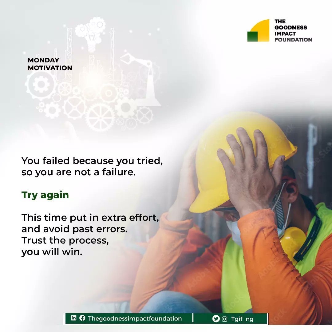tgif_ng's tweet photo. You failed because you tried, so you are not a failure.
Try again
This time put in extra effort, and avoid past errors.
Trust the process, you will win.
#mondaymotivation #mondaymood #mondayvibes #mondayquotes #mondaymantra #failure #tried #effort #pasterrors #determination https://t.co/Clxguy1lNJ
