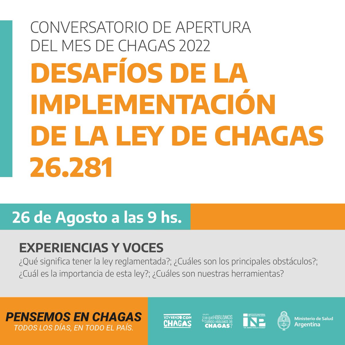 hablodechagas's tweet image. ¡El Mes del Chagas ya arrancó con todo! 
👉te invitamos a participar del Conversatorio "DESAFÍOS DE LA IMPLEMENTACIÓN DE LA LEY DE CHAGAS 26.281" en el marco del DÍA NACIONAL POR UNA ARGENTINA SIN CHAGAS (Ley 26.945).
Te esperamos el viernes 26 de agosto a las 9:00 hs, virtual