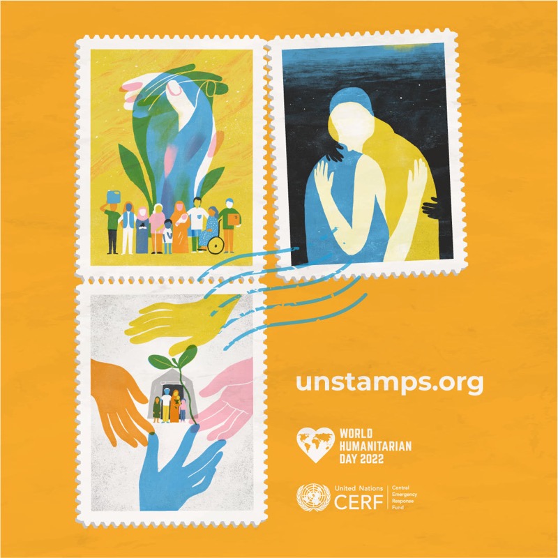 UNOCHA's tweet photo. Check out these new stamps issued by @unstamps to commemorate this year’s #WorldHumanitarianDay .

The proceeds will go to @UNCERF to help people in need.

#ItTakesAVillage