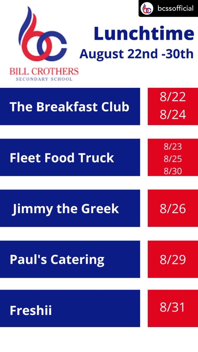 Lunch schedule for week 2