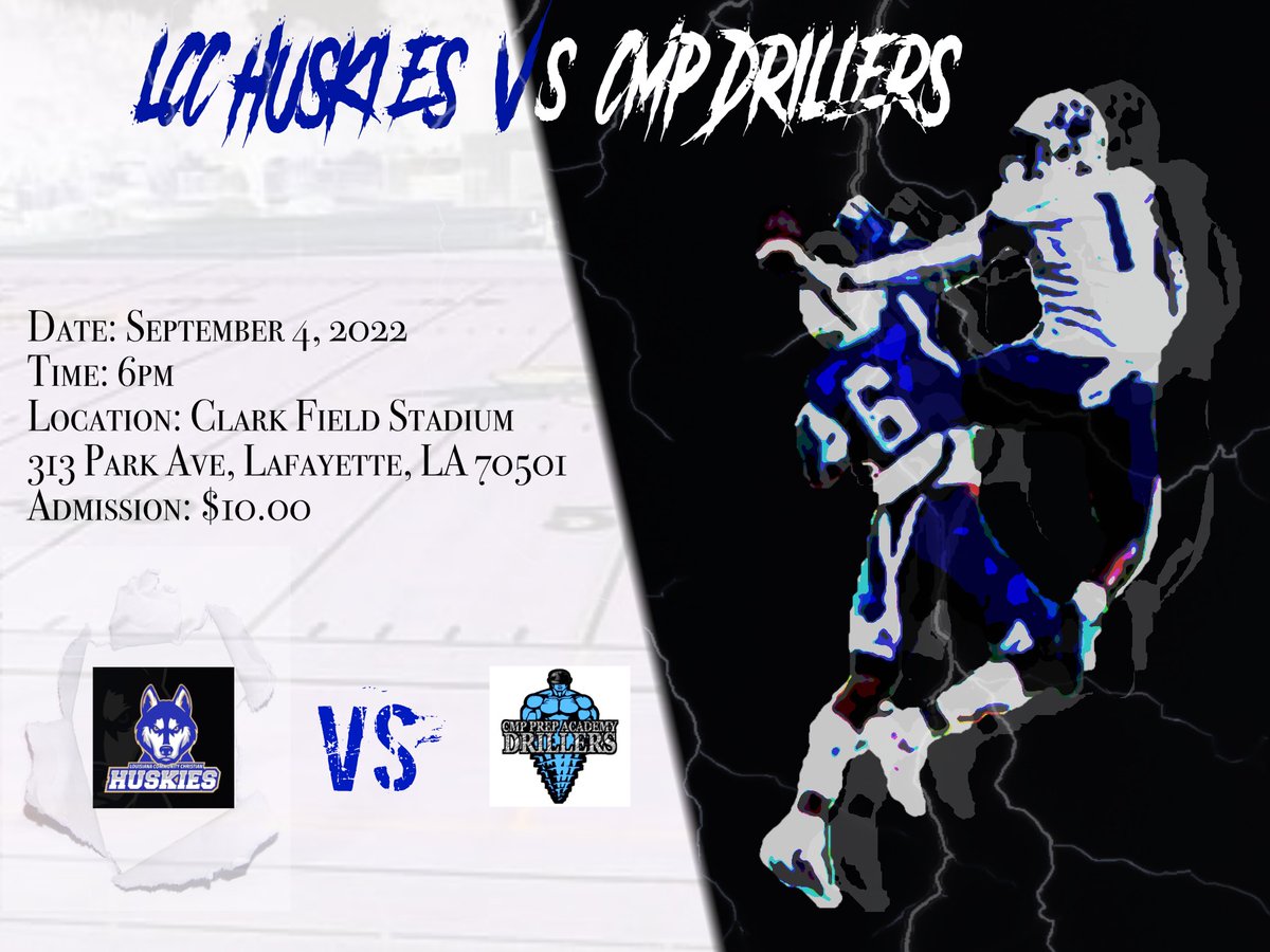 🚨LCC Huskies vs CMP Drillers 🚨
Sept 4th 2022 Mark your Calendars for the Huskies Home Opener.. <a href="/LouisianaCommu1/">Community Christian College Crusaders</a> <a href="/CMP_Prep/">CMP Prep Recruiting</a>