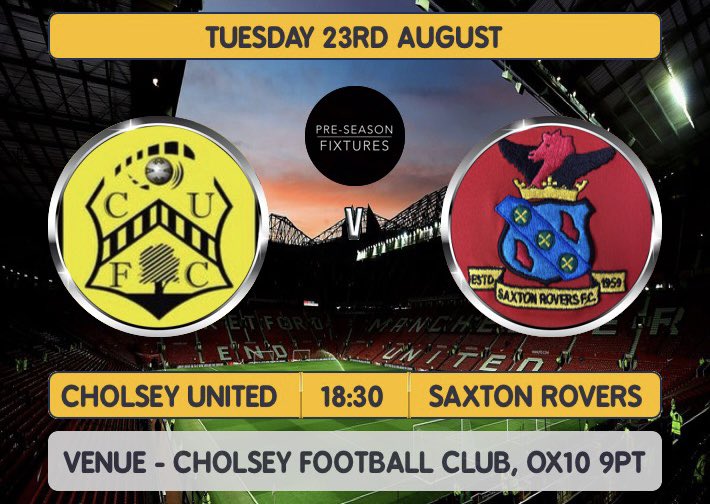 Saxton Rovers Football Club (@saxtonrovers1) on Twitter photo Game Announcement..
Pre Season continues tomorrow as we travel away to <a href="/CholseyU/">Cholsey United</a>
We thank Cholsey for stepping in at the last minute.
With under two weeks till the season kicks off its time to ramp things up a notch.
See you all tomorrow to support the boys!
#UTS 🔴⚫️ Game Announcement..
Pre Season continues tomorrow as we travel away to <a href="/CholseyU/">Cholsey United</a>
We thank Cholsey for stepping in at the last minute.
With under two weeks till the season kicks off its time to ramp things up a notch.
See you all tomorrow to support the boys!
#UTS 🔴⚫️