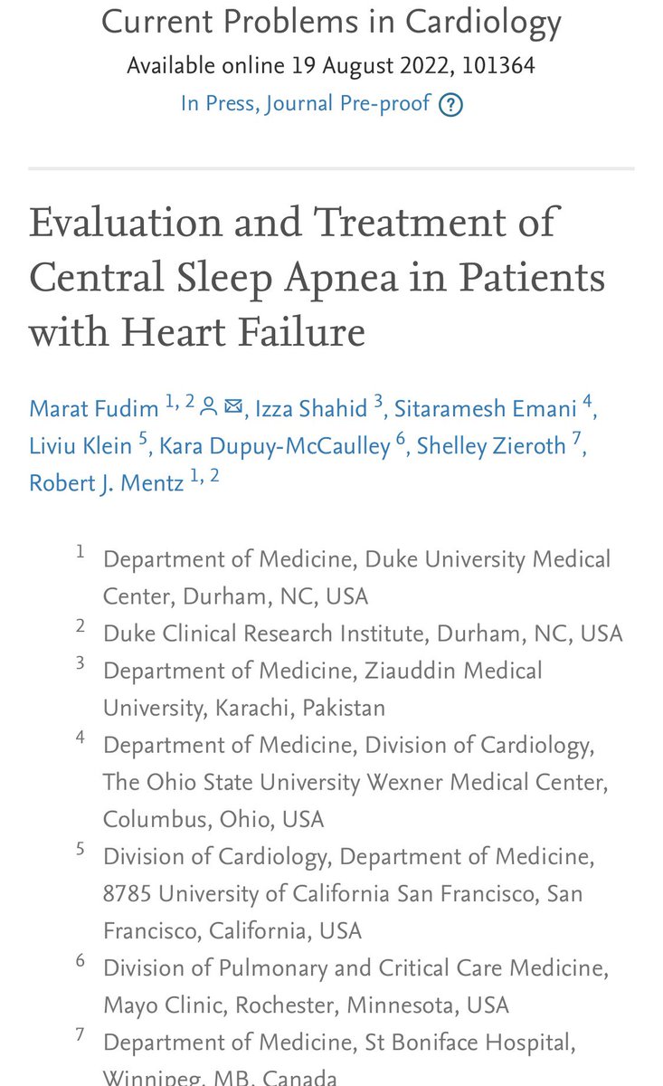 Central sleep apnea exerts significant burden &amp; mortality in HF &amp; has now become the predominant form (compared with OSA) 
🔺In this review we examine the connection b/w CSA &amp; HF + identify strategies which may allow timely dx, tx &amp; ⬆️ compliance in HF 🧵
doi.org/10.1016/j.cpca…