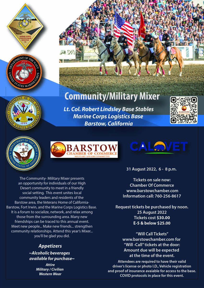 BarstowChamber's tweet photo. This event is open to the public.
There will be a demonstration by the Marine Corps Logistics Base Color Guard (only MCLB Color Guard in the USA)
Visit https://t.co/fJXRnT11JZ and click on the events calendar to purchase your tickets NOW
#barstow #barstowchamber #fortirwin #mclb https://t.co/nxrLj3qJiG