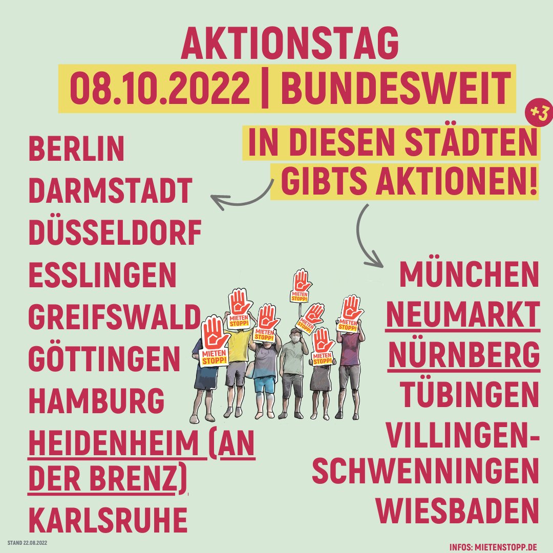📈📈📈 WIR WACHSEN!
Der Aktionstag  gegen hohe Mieten am 8.Okt wird einfach immer größer! #HändeHoch0810
Gerade sind die Zusagen aus 3 weiteren Städte dazu gekommen: #Nürnberg, #Neustadt und #Heidenheim!
Willkommen!