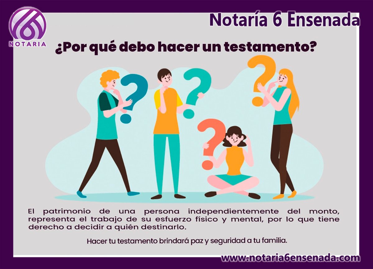 Notaria6Ens's tweet photo. ¿Por qué debo hacer un testamento?

El patrimonio de una persona independientemente del monto, representa el trabajo de su esfuerzo físico y mental, por lo que tiene derecho a decidir a quién destinarlo.

Hacer tu testamento brindará paz y seguridad a tu familia. https://t.co/KfYPfm7NB4