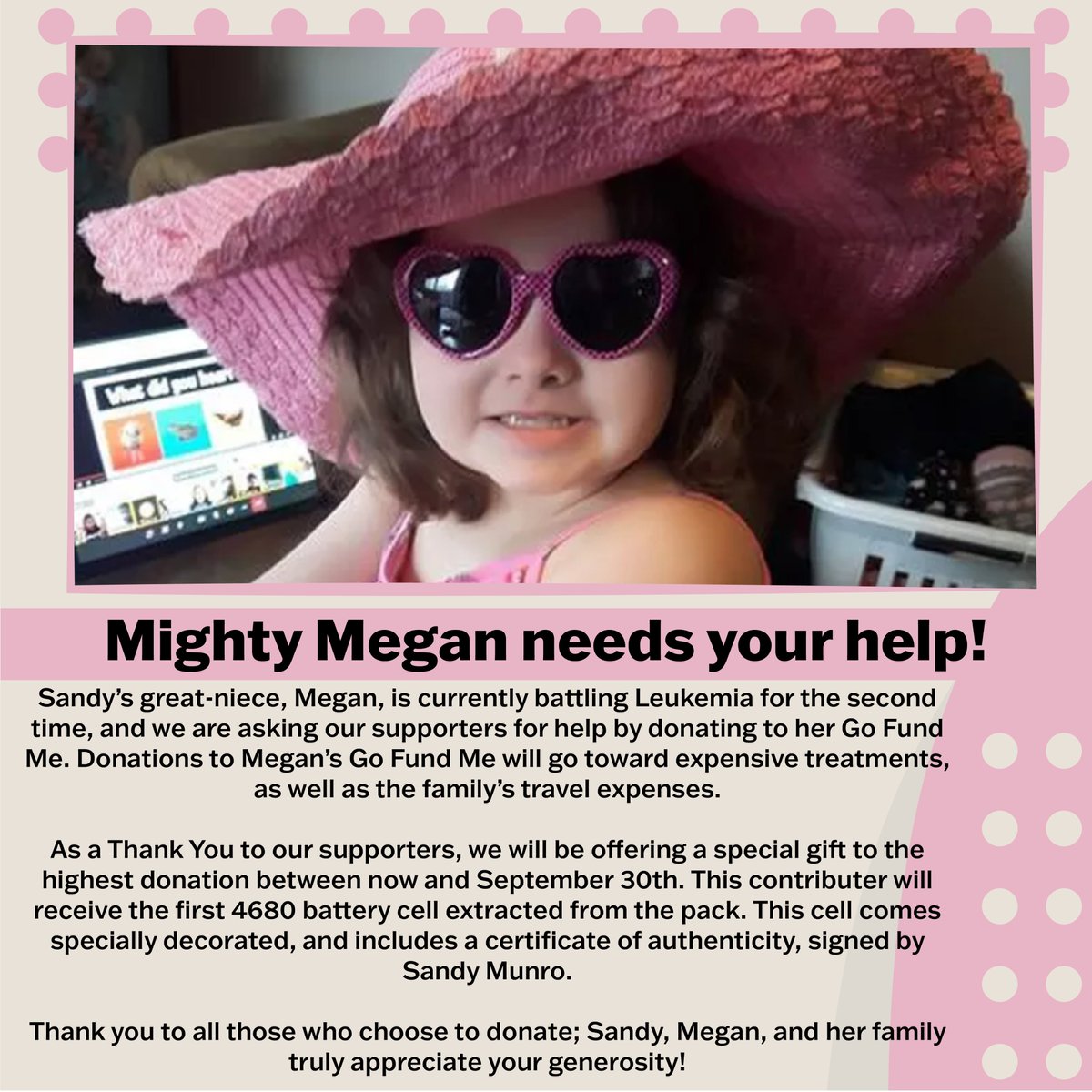 live_munro's tweet photo. Please consider donating to help Sandy’s great-niece Megan as she battles Leukemia. Support Megan Here: https://t.co/gEHrgGAF9V https://t.co/In9bTmkq0I