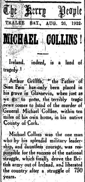 Editorial from the 'Kerry People' newspaper on the death of #MichaelCollins 

'Ireland, indeed, is a land of tragedy.'

A man of 'dauntless courage.'

#MichaelCollins100 #BealNaBlath