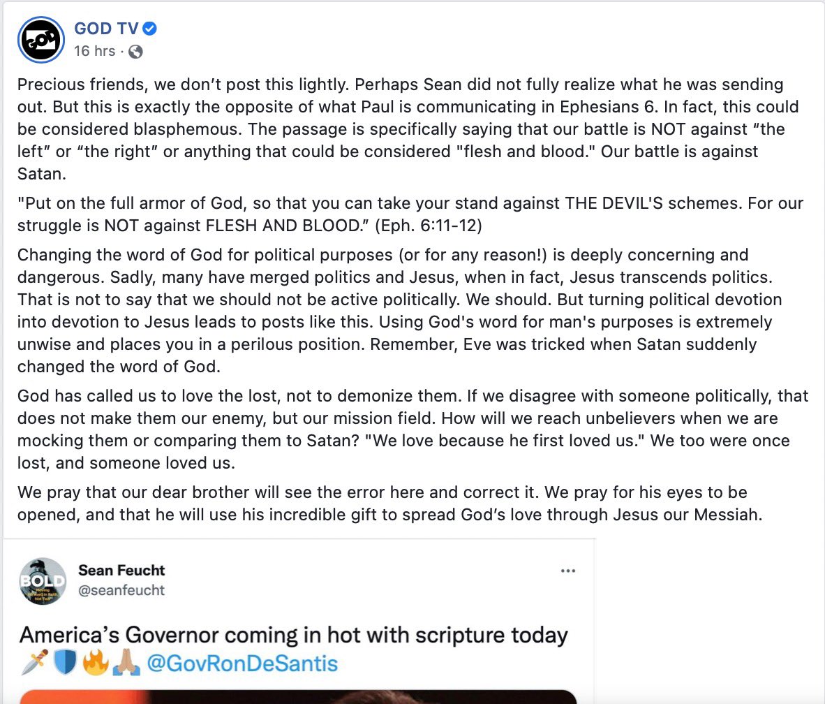 seanfeucht's tweet photo. So @GODTV attacked me for sharing a post with @GovRonDeSantis quoting scripture. 

Here is my response: https://t.co/6bBbsmPhMz