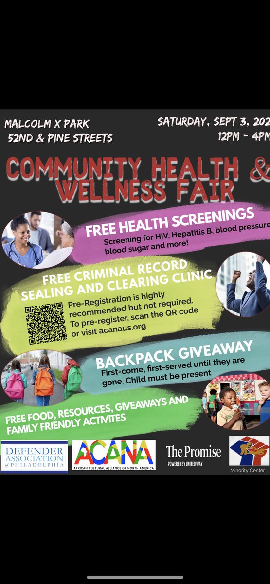 Join ACANA in collaboration with @thepromisephl @phillydefenders on 
Saturday September 3rd from 12PM-4PM for a Community Health &amp; Wellness Fair at Malcolm X Park! 
FREE Health Screenings
BACKPACK GIVEAWAY
FOOD
RESOURCES
 ACTIVITES
 #African #caribbean #nonprofit #philadelphia