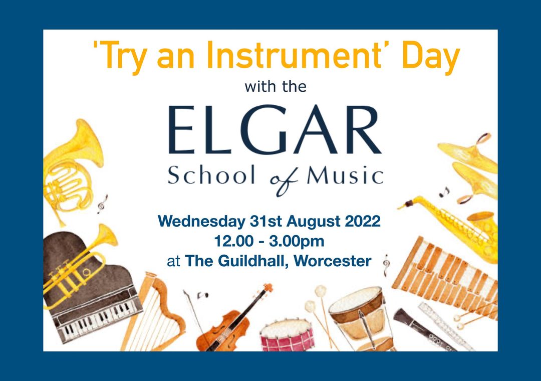 CommunityWorcs's tweet image. The Elgar School of Music are having a 'Try an Instrument' Day at The Guildhall Worcester on Wednesday 31st August, 12.00 - 3.00pm  There will be wide variety of instruments to try out, along with performances from their groups.  #WorcesterMusic