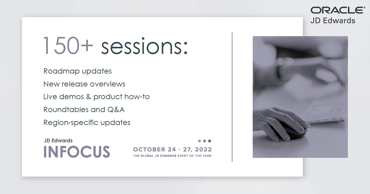 Join us online for the <a href="/OracleJDEdwards/">Oracle JD Edwards</a> user group event #INFOCUS2022. Delivered virtually by <a href="/QuestUserGroup/">Quest Oracle Community</a>. 4 virtual days of learning featuring 150+ digital sessions to equip you with insight and skills to get more from your JD Edwards investment. bit.ly/3K4pgRh