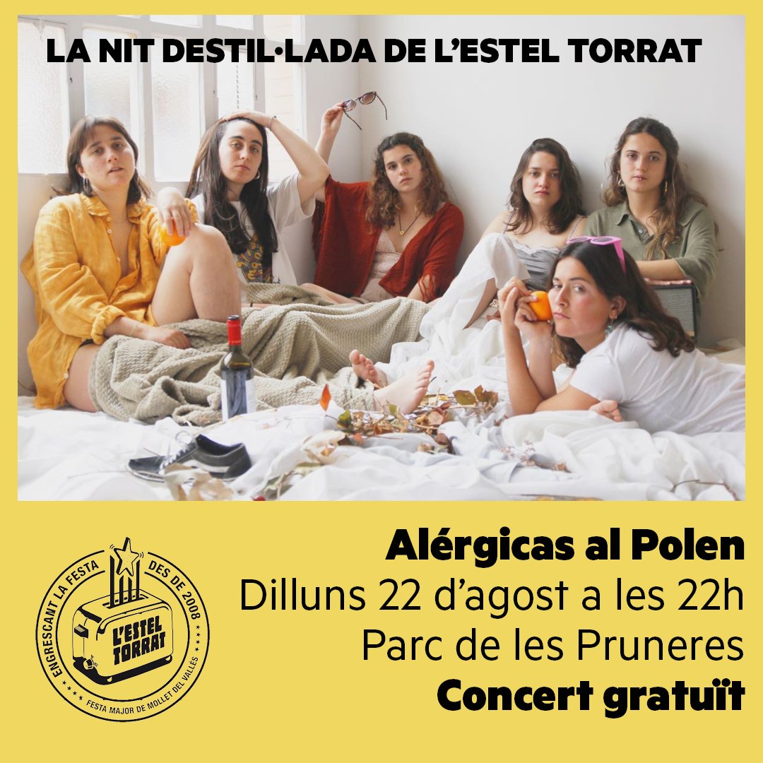 aramolleterc's tweet photo. 🥳 Torna la Nit Destil·lada de l'Estel Torrat 🤎
El clan #EstelTorrat de la colla dels @torrats us porta per la #FMMollet2022 al grup "Alérgicas al Polen" 🎶
No t'ho pots perdré! ✨️
👉 Porta el teu got 🥃 de casa, que nosaltres ja posem la música!
#Mollet #FMMollet https://t.co/pq1YSLLS6n