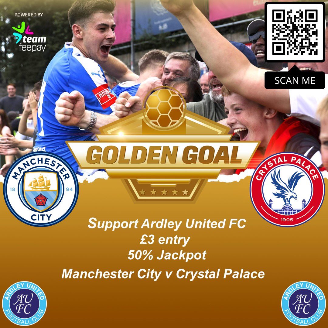 Help support the club by placing a £3 bet on which minute you think the first goal will come in Manchester City vs Crystal Palace
Winner gets half the money and the other half goes towards the club 
app.teamfeepay.com/s/iCALiNj