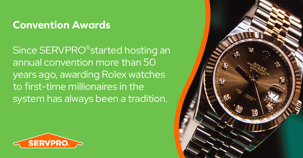 For 50+ years, SERVPRO's had a tradition of awarding Rolex watches to franchise owners joining the million-dollar club for the first time. 

This year, SERVPRO awarded 43 watches to franchisees for their achievement and success.