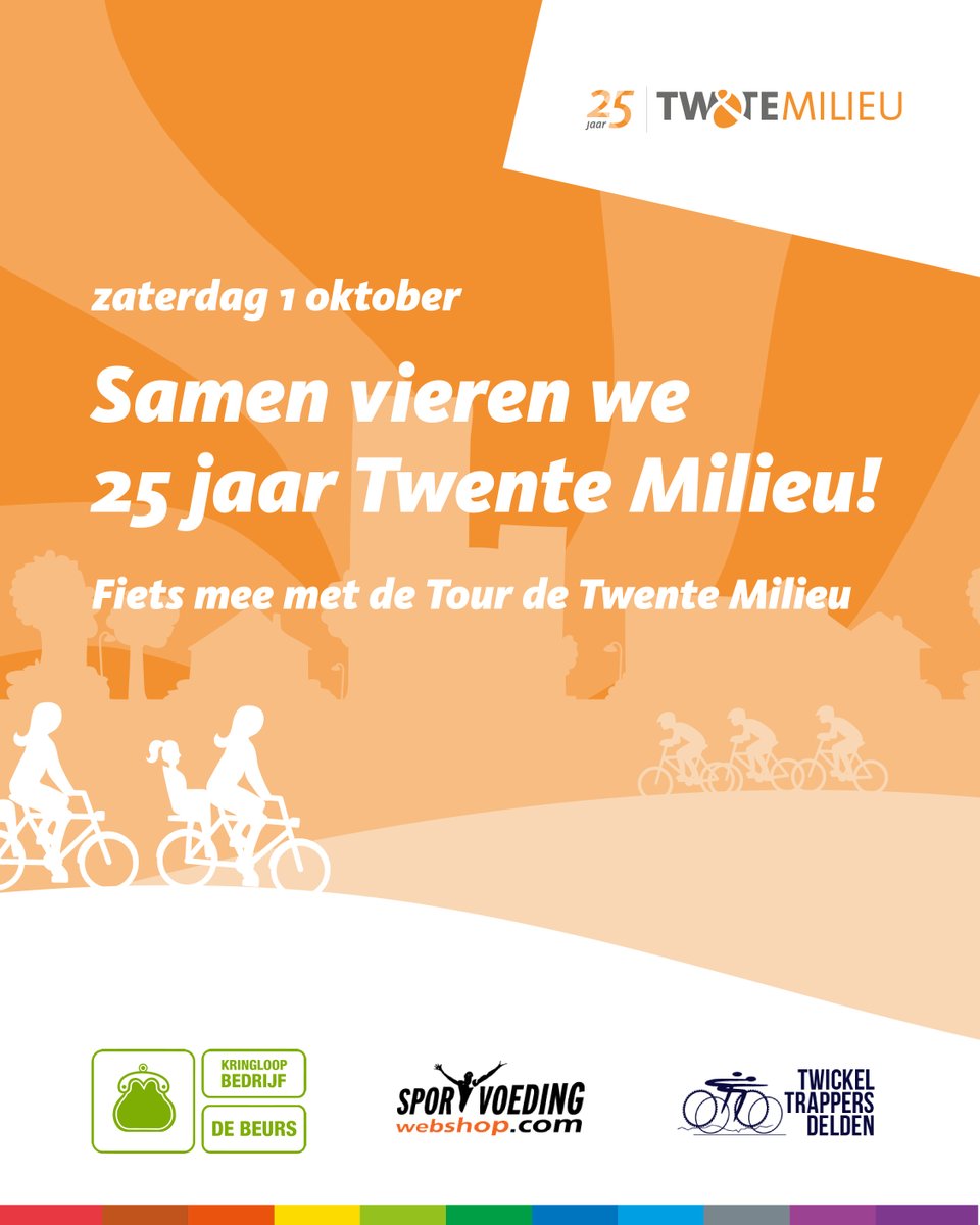 TwenteMilieu's tweet photo. Op zaterdag 1 oktober vieren we samen 25 jaar Twente Milieu! Maak een gezellige gezinstocht of sportieve toertocht van en naar verschillende Twente Milieu locaties voor een kijkje achter de schermen van ons mooie werk. Ga snel naar https://t.co/BCl4pLX3ON voor meer informatie! https://t.co/jz2jPBTSAQ