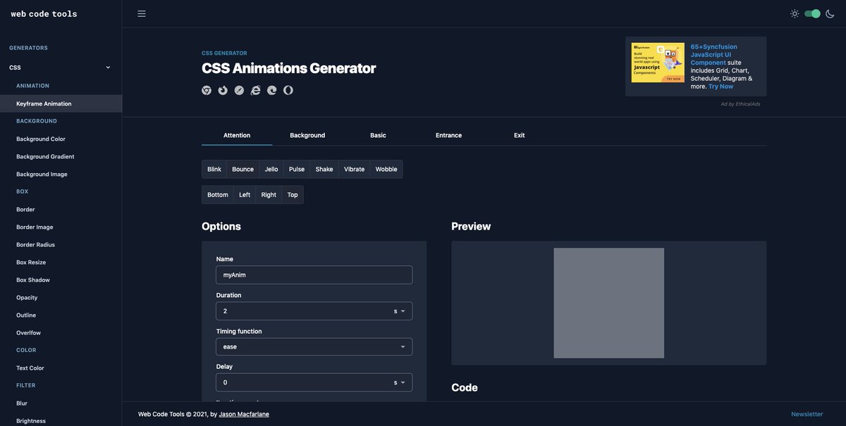 carmenansio's tweet image. #codegenerators #css #html #development 
Web Code Tools es una colección de Generadores de código muy útiles para desarrollo web.

Podrás crear snippets de animaciones, transiciones, elementos de formularios, layouts, degradados... 👇

webcode.tools