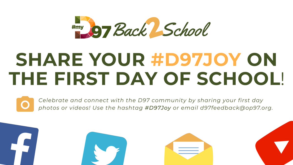 District 97 families—we want to see your #D97joy on the first day of school! Share your first day photos by tweeting us (<a href="/OakPark97/">Oak Park District 97</a>, using the hashtags #D97Joy and #MyD97) or emailing them to d97feedback@op97.org.
