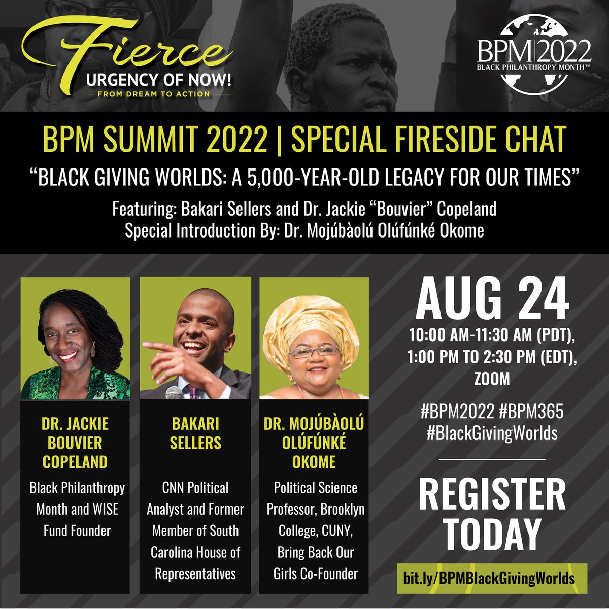 BlackGiving365's tweet photo. 📢 REMINDER: Join #BPM2022's Fireside Chat: "Black Giving Worlds: A 5,000-Year-Old Legacy for Our Times” ft. @Bakari_Sellers + @jackiebcopeland w/ special intro by @mojubaolu

🗓️ 8/24, 10am, PDT | 1pm, EDT | Zoom 🔗 Register: https://t.co/HcLqnXX8gj 🗣️ #BPM365 #BlackGivingWorlds https://t.co/HKdR6E4pey
