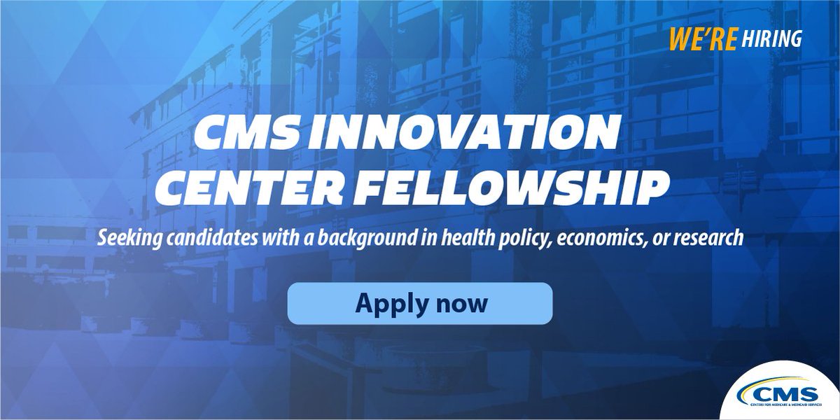 We are still accepting applicants through 9/27/22 for our CMS Innovation Center fellowship appointment. Apply here: go.cms.gov/3Pm8DSE #CMMICareers