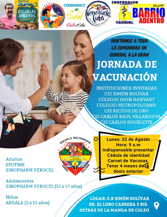 Invitamos a toda a colectividad a vacunarse ante la COVID-19 y aquellos que tienen mas de 4 meses aplicarse el refuerzo para continuar con la Inmunizacion
@MPPEDUCACION 
@ZonaEducTachira 
<a href="/NicolasMaduro/">Nicolás Maduro</a>
<a href="/yelitzePSUV_/">Yelitze Santaella</a>
@berzabethg1
<a href="/supervisionZET1/">SupervisionZET</a>
<a href="/SEETachira/">Salud Educativa Estadal</a>