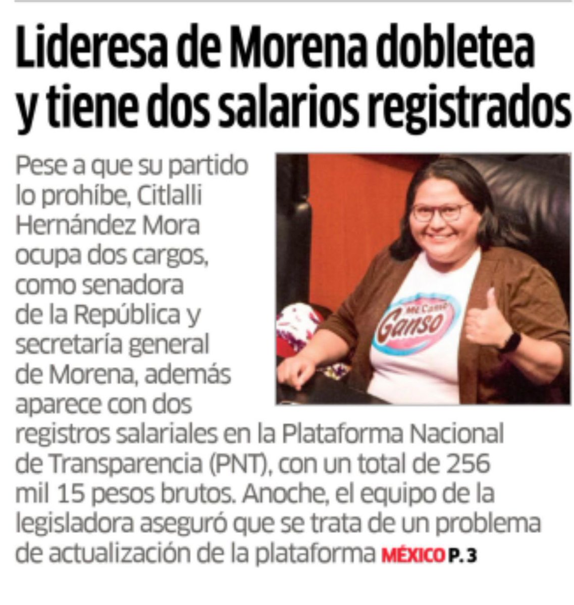 bereaguilarv's tweet photo. Con la novedad de que #CitlaliHernandez gana casi 300 mil pesos mensuales porque dobletea al más puro estilo aspiracionista que critican ella, su partido y su jefe. Pero lo peor es que los gana de manera ilegal. ¡Y saber que en esas manos estamos! https://t.co/J4NVJ5lnpZ
