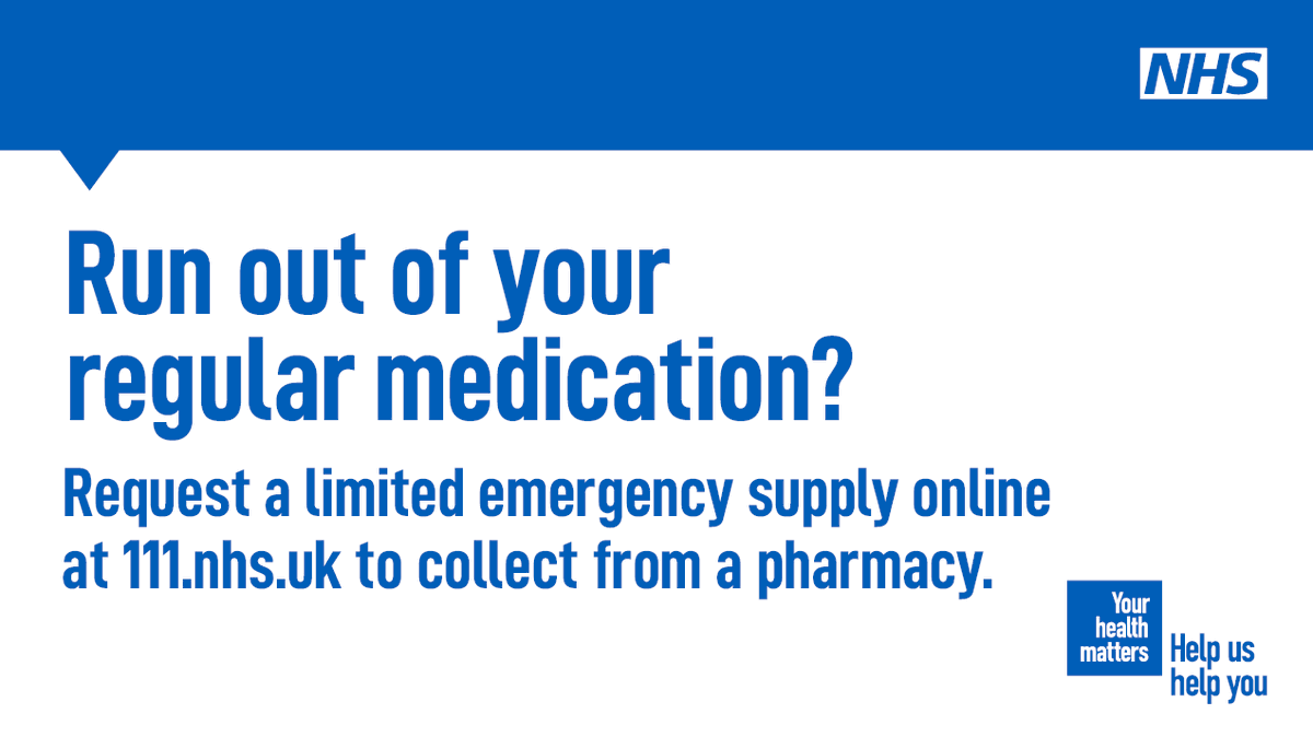 NHS_Oxon's tweet photo. Help yourself stay well over the #AugustBankHoliday by making sure you have enough medication to see you through. If you think you might run out, go to https://t.co/xynL4QresF where you can request a limited emergency supply online and collect from a pharmacy. #Think111First https://t.co/BsxKdBTfVp