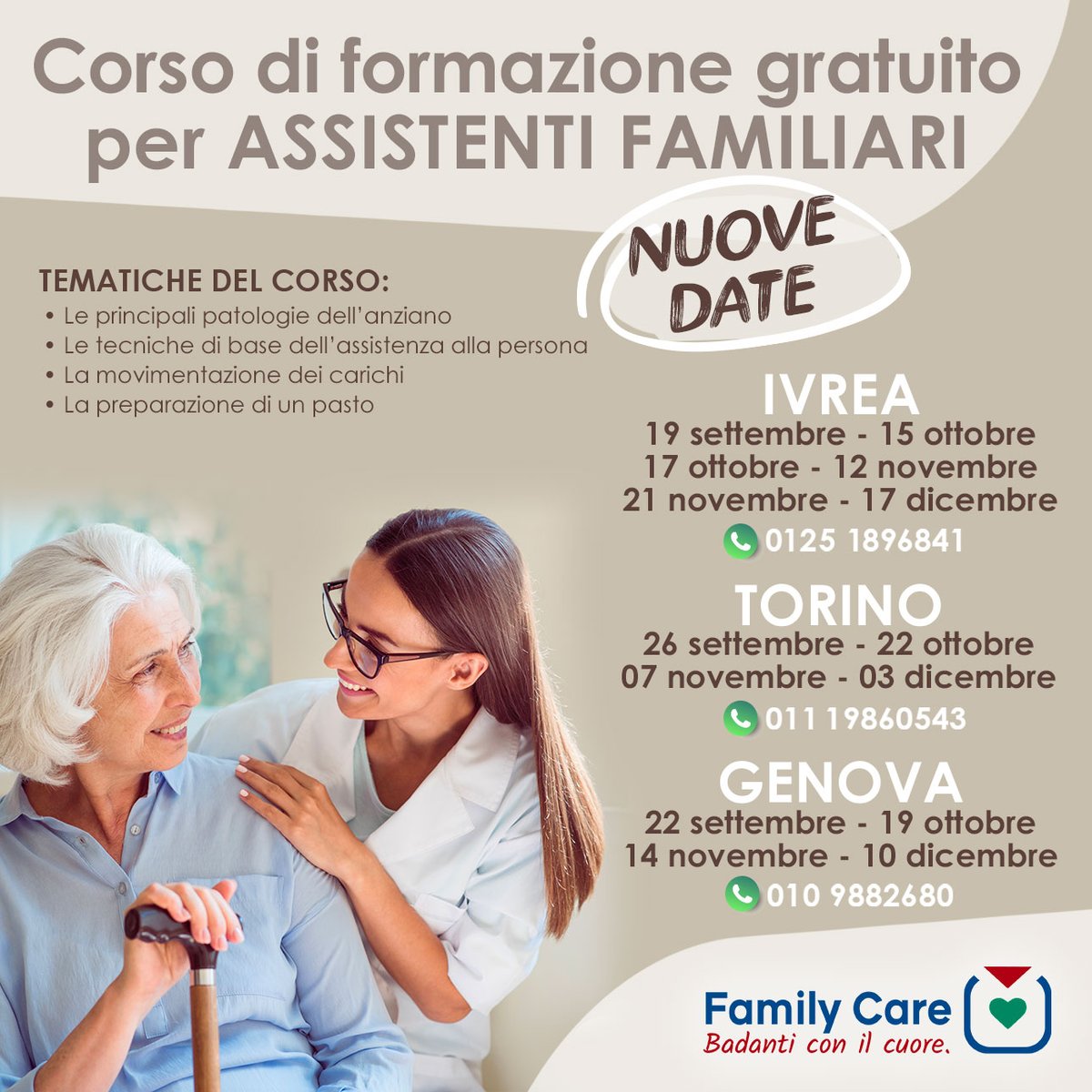 Tutto pronto per i nuovi corsi di #formazione gratuiti per #badanti. A #Ivrea dal 19/9, #Torino dal 26/9 e a #Genova dal 22/9. Prosegue l'impegno di Family Care per offrire un percorso serio di inserimento lavorativo a chi oggi deve occuparsi di #anziani.