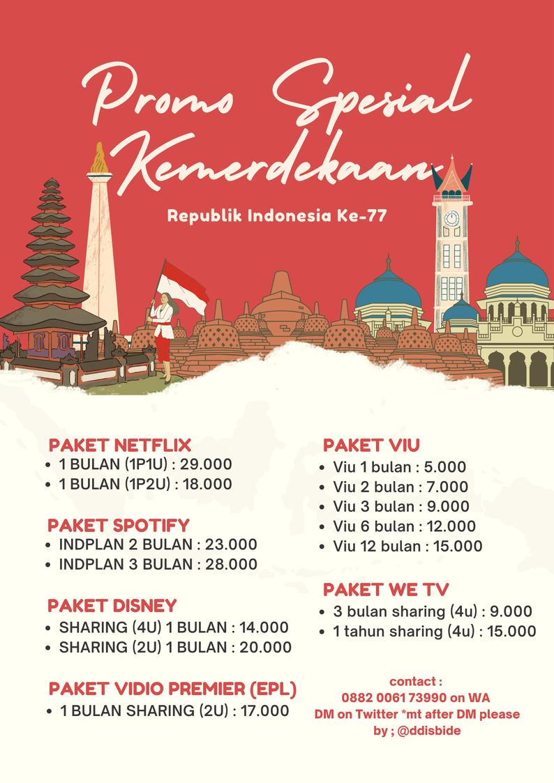 penjokicv's tweet photo. PROMO BESAR BESARAN SPESIAL HARI KEMERDEKAAN MASIH ADA NIH!!! AYOO DITAKE APPREMNYAA SEBELUM KEHABISAN SLOT!! 🤩🤩🤩🇮🇩🇮🇩🇮🇩🇮🇩

t. netflix • spotify • viu • disney • wetv • vidio premier

#zonauang #zonajajan #zonaba https://t.co/1ScF9EbMjq