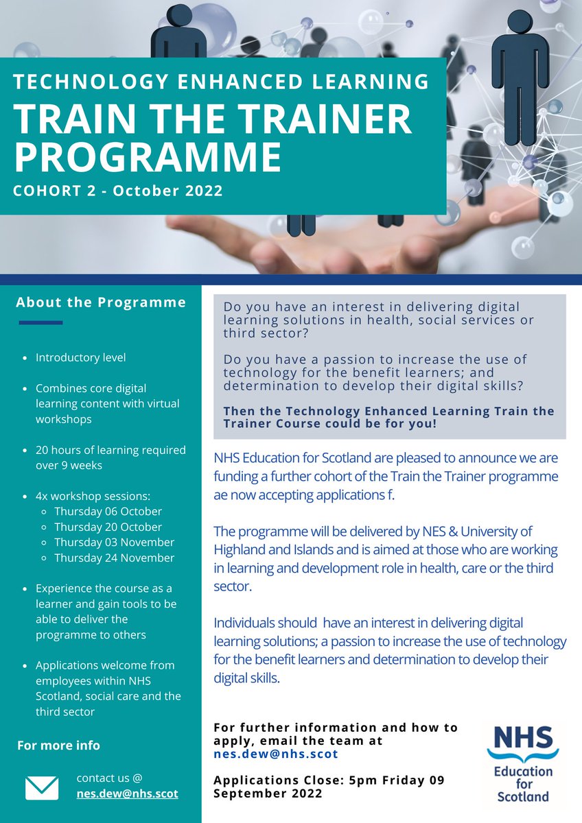 NES DLP (@nes_dlp) on Twitter photo <a href="/NHS_Education/">NHS Education for Scotland (NES)</a> are funding a further cohort of the TEL Train the Trainer Programme. Applications are welcome from employees across Health & Care who are in a Learning and Development role. Contact the team at nes.dew@nhs.scot to apply! #TELTraintheTrainer <a href="/NHS_Education/">NHS Education for Scotland (NES)</a> are funding a further cohort of the TEL Train the Trainer Programme. Applications are welcome from employees across Health & Care who are in a Learning and Development role. Contact the team at nes.dew@nhs.scot to apply! #TELTraintheTrainer