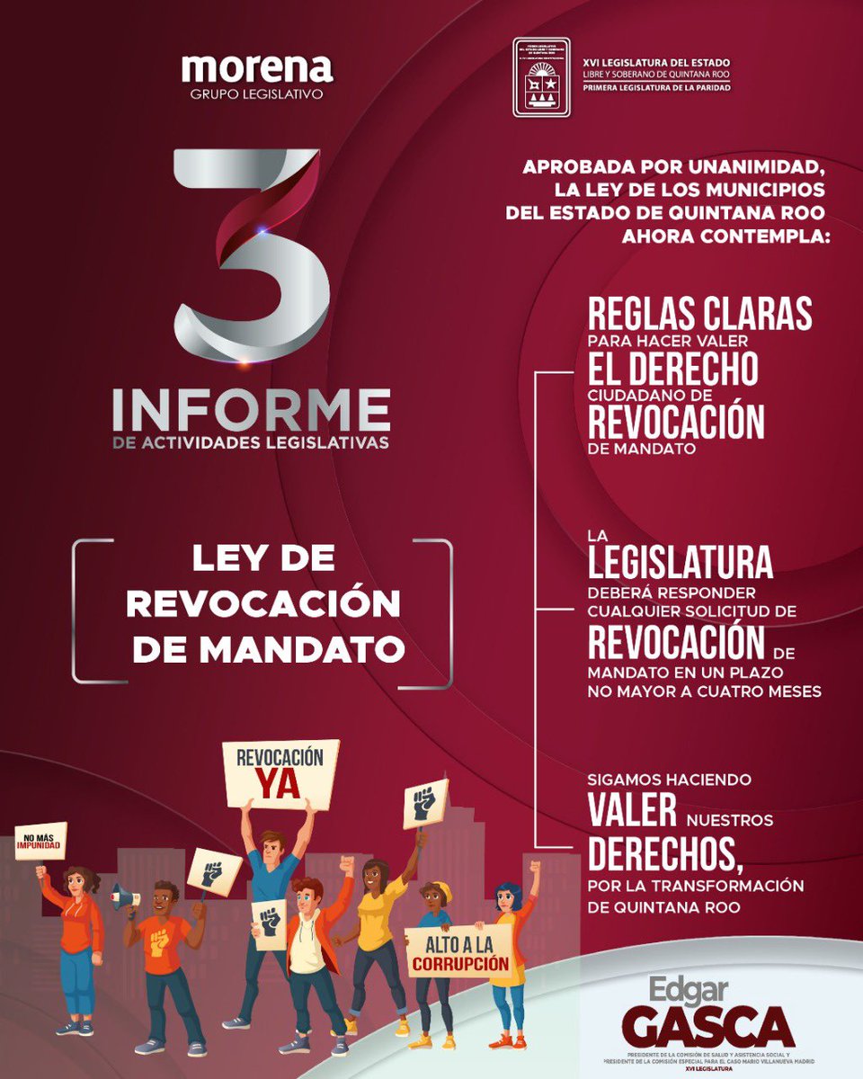 edgar_gasca's tweet photo. La Ley de los Municipios no tenía reglas claras para hacer valer el derecho ciudadano a la REVOCACIÓN DE MANDATO en Quintana Roo, lo que convertía a este proceso en una verdadera simulación.
#3erInforme #EdgarGasca #MORENA
#TransformandoQRoo
#TransformacionyEsperanza https://t.co/dIlZ8N8EjF