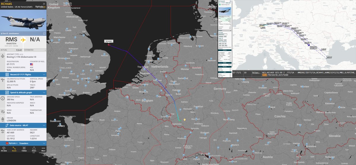 DLNetherlands's tweet photo. #USAF | Boeing C-17A Globemaster III | #RCH445

🇺🇸07-7171 heading back towards BGR, Bangor International Airport as it departed from Ramstein Airbase 🇩🇪🇺🇸. According to ACARS, 07-7171 went on a mission yesterday towards Al Asad Air Base, Iraq 🇮🇶🕵️ https://t.co/UupgvPv1F2