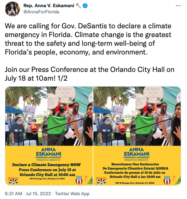 FlaResearch's tweet photo. While @FlaDems leader Anna Eskamani raises the alarm about a "climate emergency," her fellow Florida Democrats are renting airplanes to fly banners that mock and threaten politicians they dislike.

What is the carbon footprint of this campaign? https://t.co/SO3ghYWtDZ