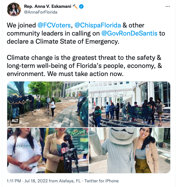 FlaResearch's tweet photo. While @FlaDems leader Anna Eskamani raises the alarm about a "climate emergency," her fellow Florida Democrats are renting airplanes to fly banners that mock and threaten politicians they dislike.

What is the carbon footprint of this campaign? https://t.co/SO3ghYWtDZ