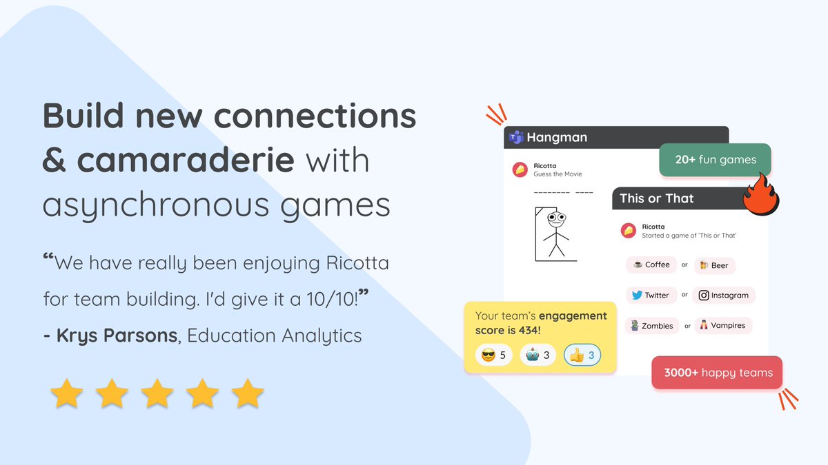 RicottaHQ's tweet photo. We're excited to announce that Ricotta Games &amp; Trivia is now available on @MicrosoftTeams 🤩

With Ricotta, you will:

✨ Build an amazing team culture
👋 Make onboarding fun
🧑‍🤝‍🧑 Enhance team connections
💪 Create happier, engaged teams

Get started: https://t.co/UwVkggJUQ3 https://t.co/pppOvTAhnu