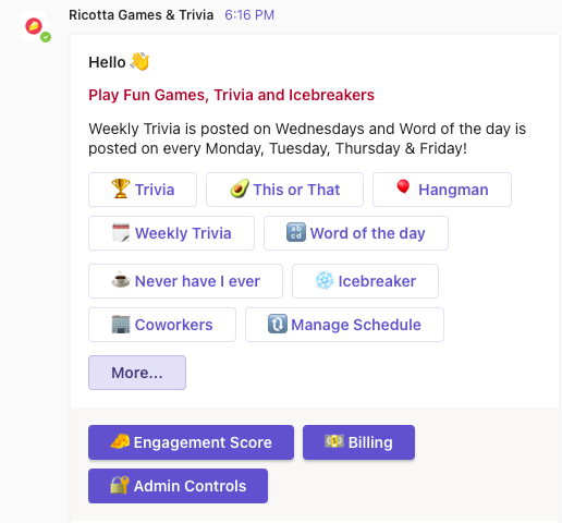 RicottaHQ's tweet photo. We're excited to announce that Ricotta Games &amp; Trivia is now available on @MicrosoftTeams 🤩

With Ricotta, you will:

✨ Build an amazing team culture
👋 Make onboarding fun
🧑‍🤝‍🧑 Enhance team connections
💪 Create happier, engaged teams

Get started: https://t.co/UwVkggJUQ3 https://t.co/pppOvTAhnu