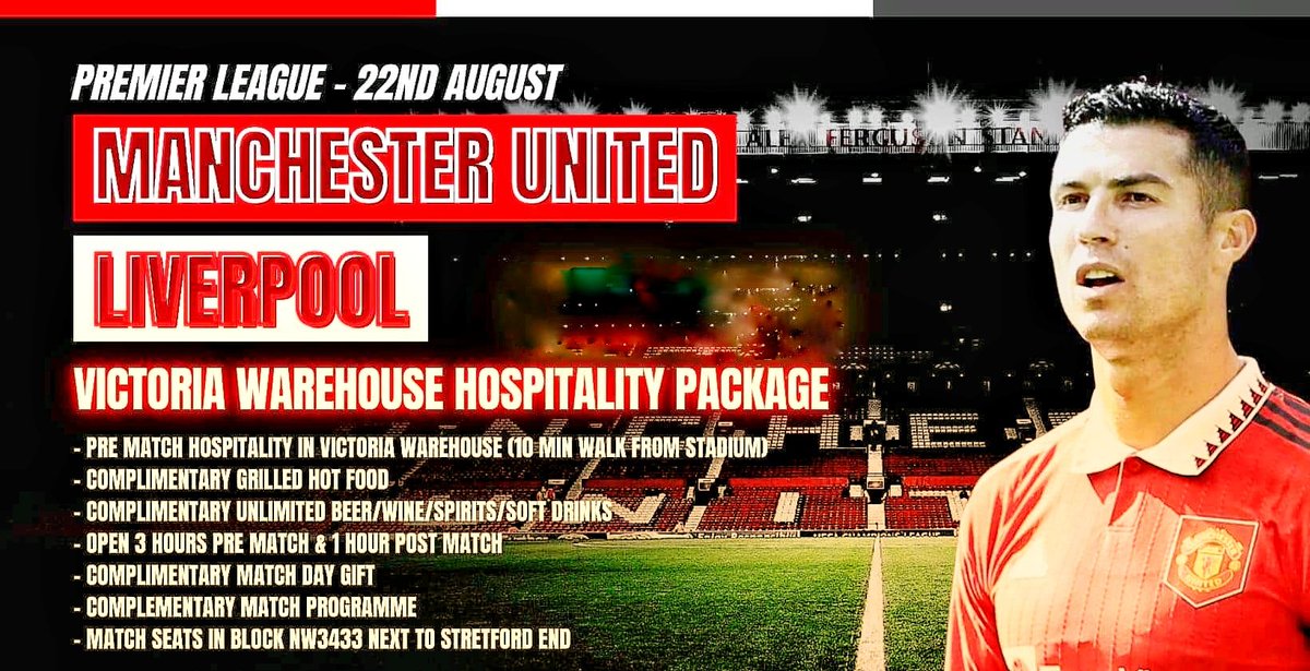 LIVERPOOL

VIP tickets available,  free food and bar £200 per person 

Follow and DM for info

#Mufc