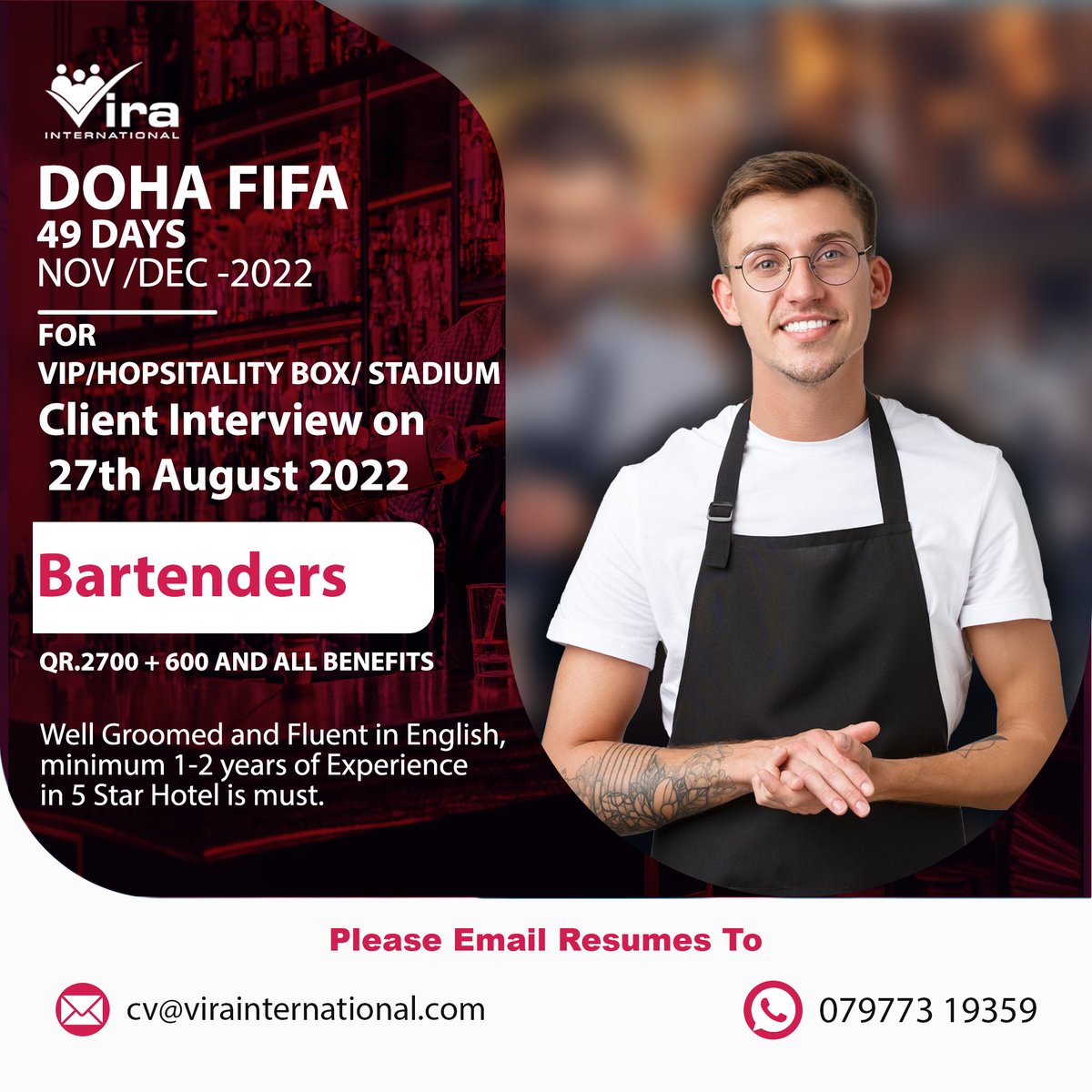 Vira_India's tweet photo. #Jobs #Recruitment #Jobsearch #Jobopportunity #Jobhunters #Jobvacancy #Openings #Jobalert #FreeRecruitment #NoServiceCharge #BarTender #Fifa2022 #Dohajobs #QatarJobs https://t.co/rKOfQBpHm1