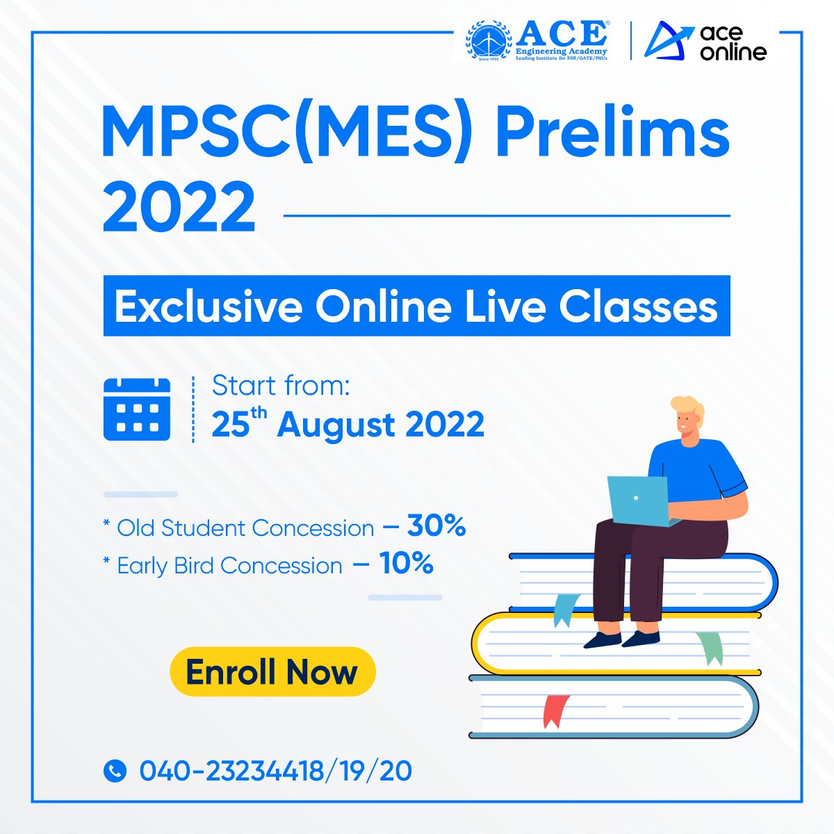 ACE_Enggacademy's tweet photo. Start Preparing for MPSC (MES) Prelims 2022 Exclusive Online Live batch with ACE Engineering Academy
For more information please visit - https://t.co/QRgZdfE5vE
#MPSC #MES #aceengineeringacademy #aceonline #pune #engineers #mpscexams #students #prelims #civilservice https://t.co/EwTtVW4Cue